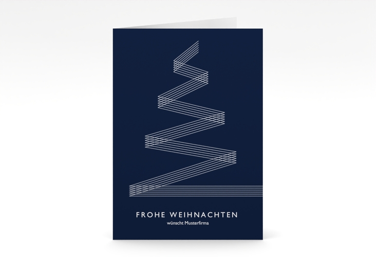 Geschäftliche Weihnachtskarte Linienbaum A6 Klappkarte hoch blau mit Tanne und Stechpalme im Schiefertafel-Look