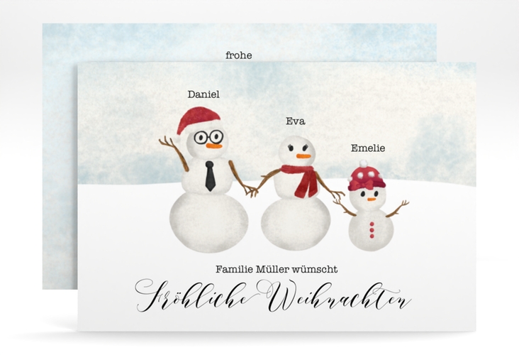 Weihnachtskarte Snowman Family A6 Karte quer rot für Weihnachtsgrüße mit Familienfoto