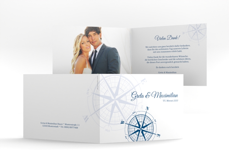 Dankeskarte Hochzeit Windrose A6 Klappkarte quer blau
