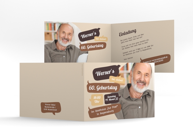 Einladung 60. Geburtstag Whatsup A6 Klappkarte quer braun