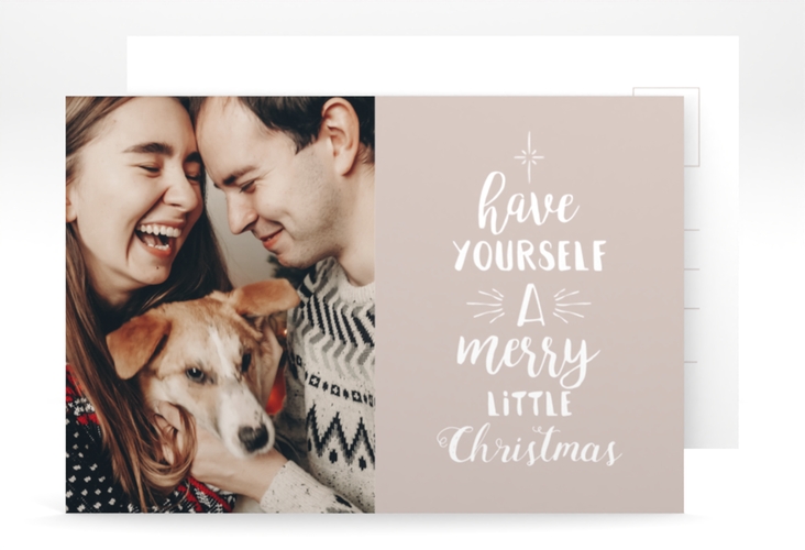 Weihnachtskarte Winterfreuden A6 Postkarte beige im Handlettering-Stil mit Foto