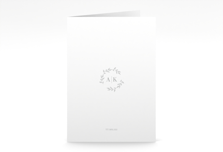 Kirchenheft Hochzeit Filigrana A5 Klappkarte hoch in reduziertem Design mit Initialen und zartem Blätterkranz