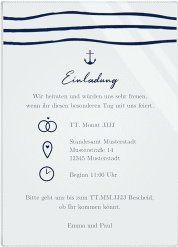 Acryl-Hochzeitseinladung Liebesanker Acrylkarte hoch blau mit maritimem Streifenmuster und kleinem Anker