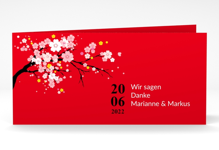 Danksagungskarte Hochzeit Sakura lange Klappkarte quer rot hochglanz