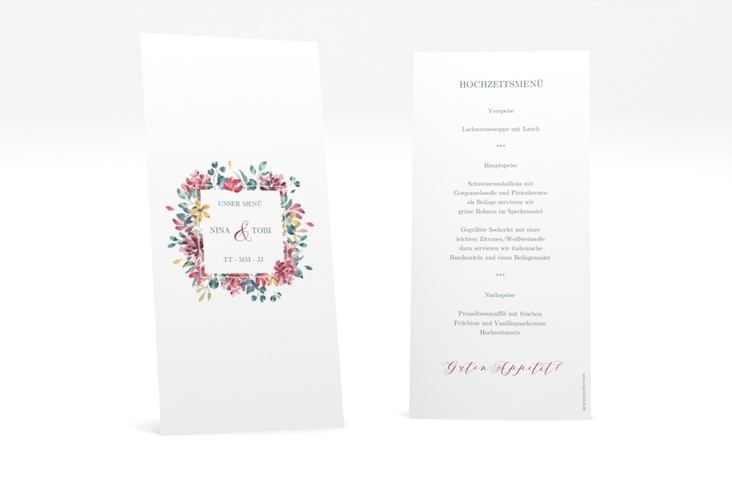 Menükarte Hochzeit Blumenliebe lange Karte hoch mit Rahmen aus bunten Blütenblättern
