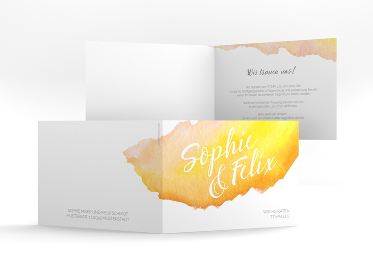 Einladungskarte Hochzeit Aquarella A6 Klappkarte quer gelb hochglanz