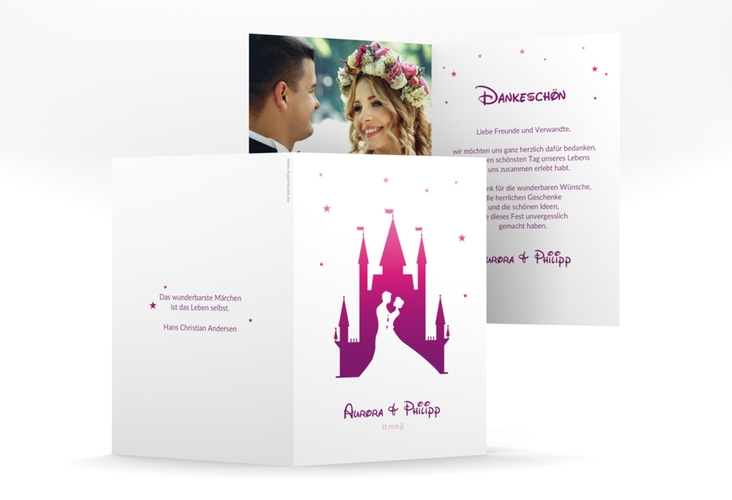 Danksagungskarte Hochzeit Castle A6 Klappkarte hoch pink hochglanz