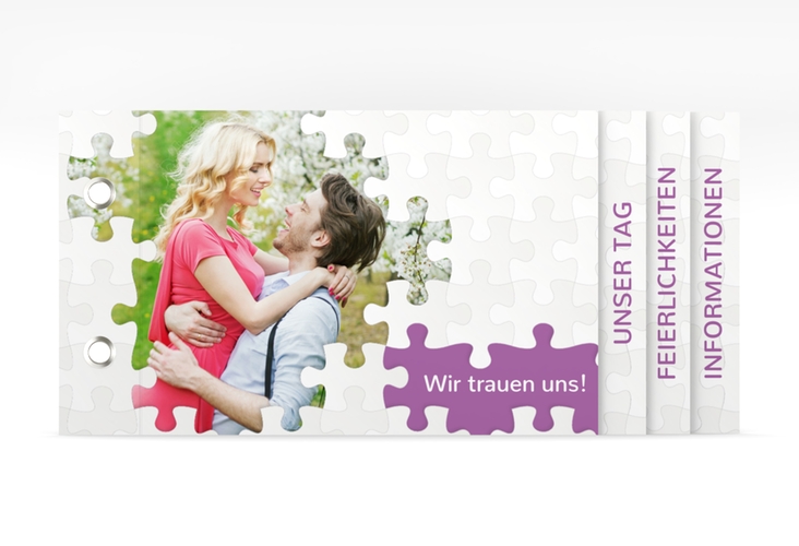 Hochzeitseinladung Puzzle Booklet lila hochglanz