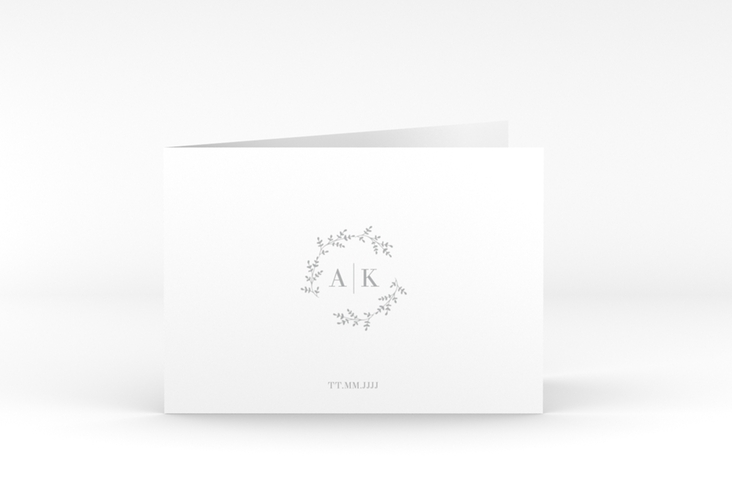 Dankeskarte Hochzeit Filigrana A6 Klappkarte quer grau in reduziertem Design mit Initialen und zartem Blätterkranz