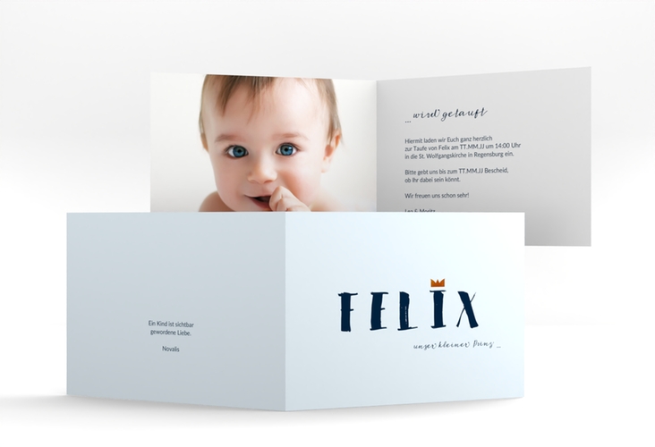 Einladungskarte Taufe Crown A6 Klappkarte quer blau