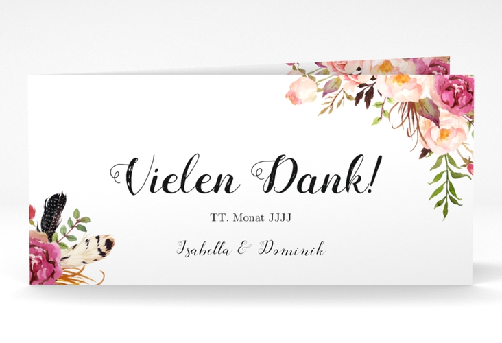 Danksagungskarte Hochzeit Flowers lange Klappkarte quer weiss mit bunten Aquarell-Blumen
