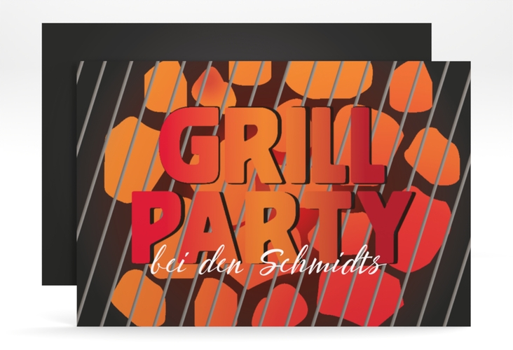 Party Einladungskarte Grillparty A6 Karte quer rot hochglanz mit glühender Kohle und Grillrost