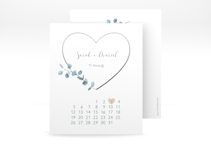 Save the Date-Kalenderblatt Greenheart Kalenderblatt-Karte grau mit elegantem Herz und Eukalyptus-Zweig