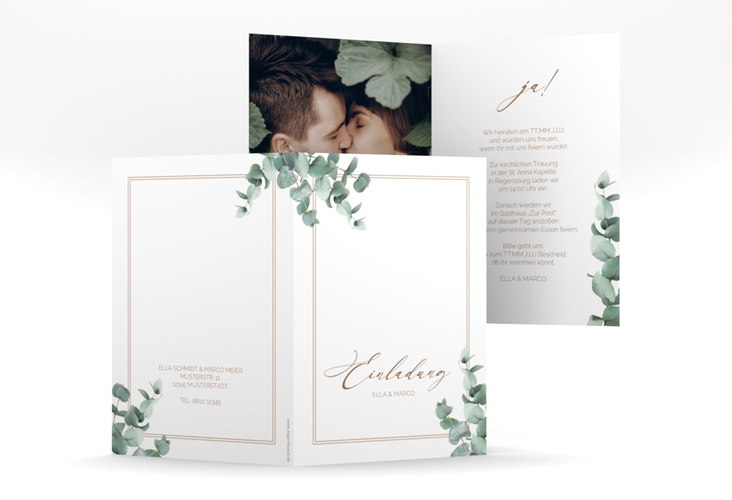 Einladungskarte Hochzeit Eucalypt A6 Klappkarte hoch hochglanz mit Eukalyptus und edlem Rahmen