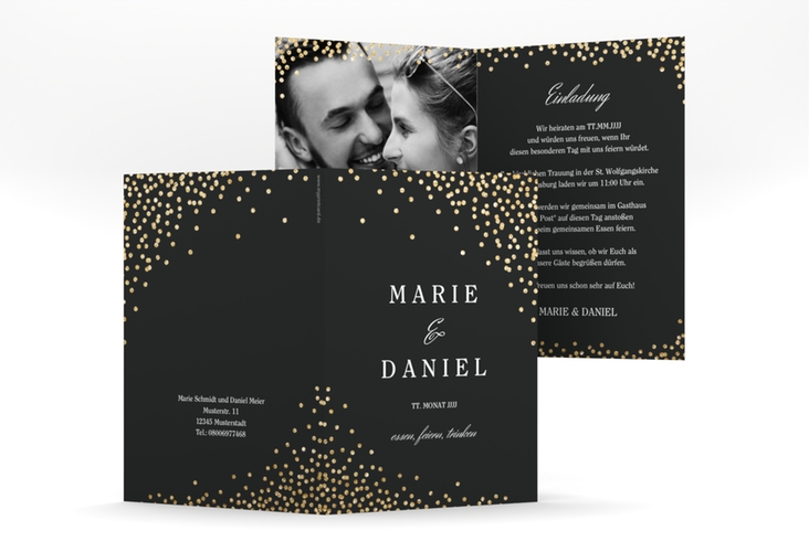 Einladungskarte Hochzeit Glitter A6 Klappkarte hoch schwarz hochglanz