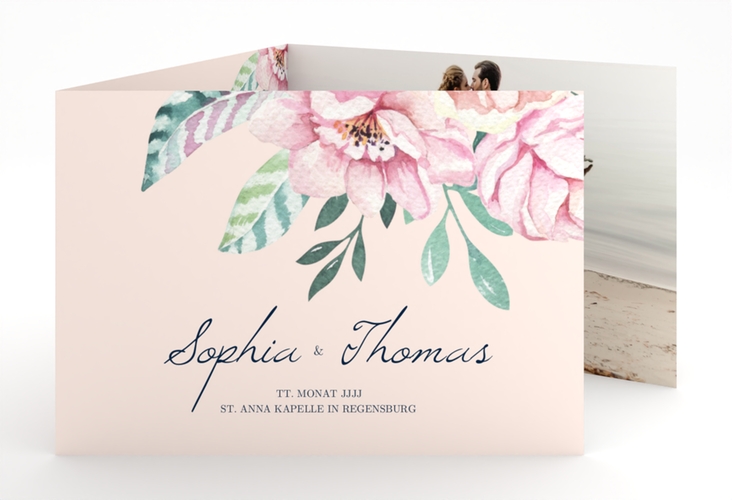 Hochzeitseinladung Blooming A6 Doppel-Klappkarte rosa
