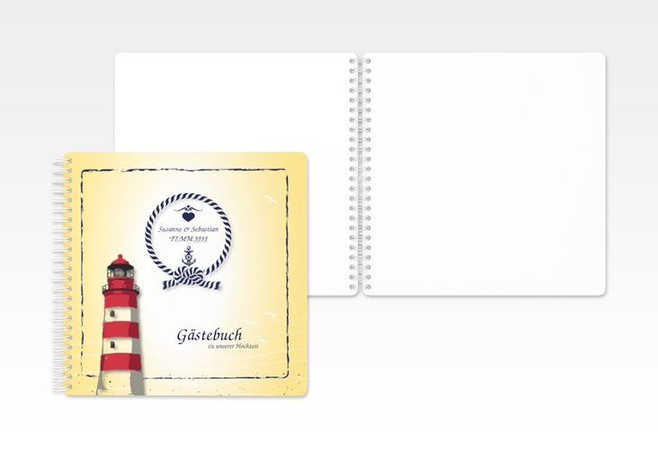 Gästebuch Hochzeit Sylt Ringbindung gelb mit Leuchtturm