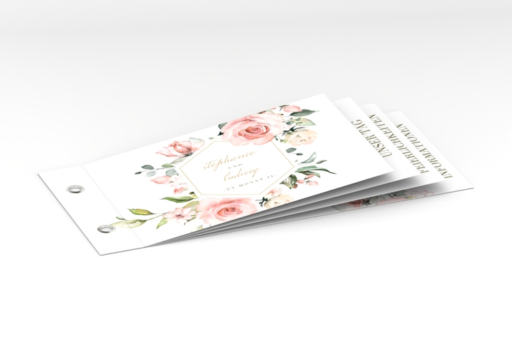 Hochzeitseinladung Graceful Booklet weiss mit Rosenblüten in Rosa und Weiß