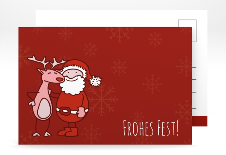 Weihnachtskarte Cartoon A6 Postkarte rot hochglanz lustig mit Weihnachtsmann und Rentier Rudolf