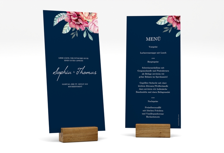 Menükarte Hochzeit Blooming lange Karte hoch blau hochglanz