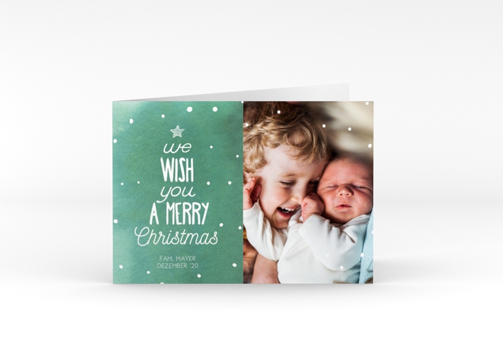 Weihnachtskarte Schneeglitzern A6 Klappkarte quer gruen hochglanz im Handlettering-Stil mit Foto
