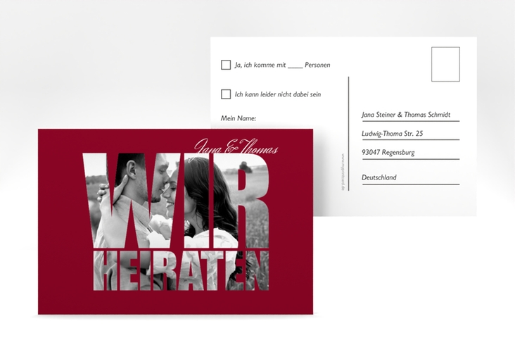 Antwortkarte Hochzeit Letters A6 Postkarte rot hochglanz