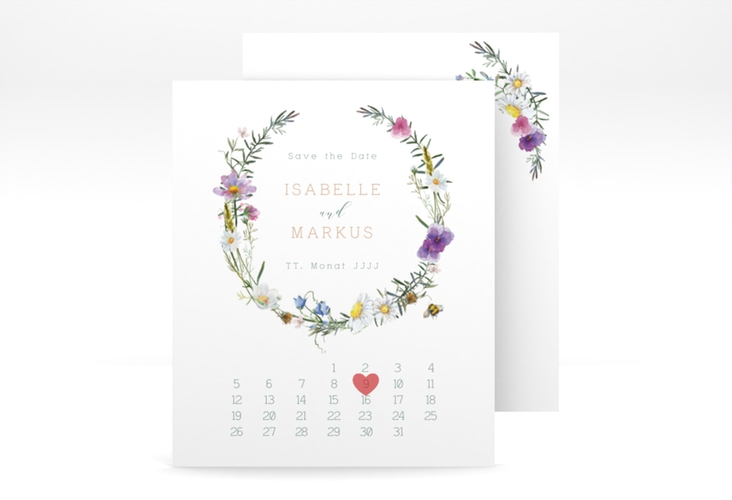 Save the Date-Kalenderblatt Blumengarten Kalenderblatt-Karte mit Blumenkranz und Hummel