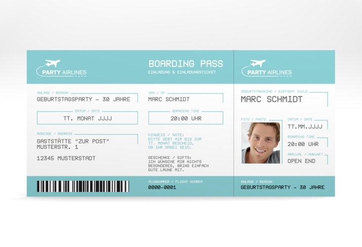 Einladungskarte "Boardingpass" DIN lang blau