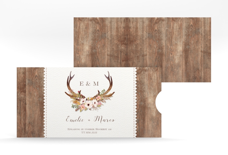 Hochzeitseinladung Heimatjuwel Einsteckkarte braun hochglanz mit Hirschgeweih und Holz-Hintergrund