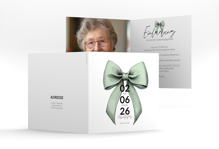 Einladung 80. Geburtstag Geburtstagsschleife quadr. Klappkarte