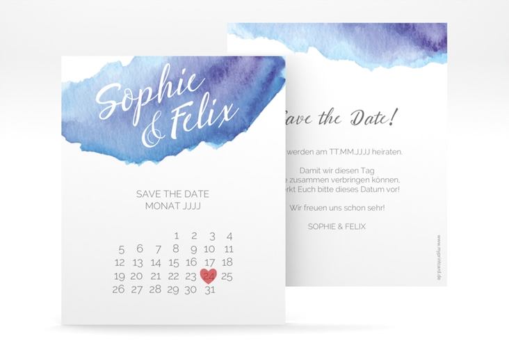 Save the Date-Kalenderblatt Aquarella Kalenderblatt-Karte blau