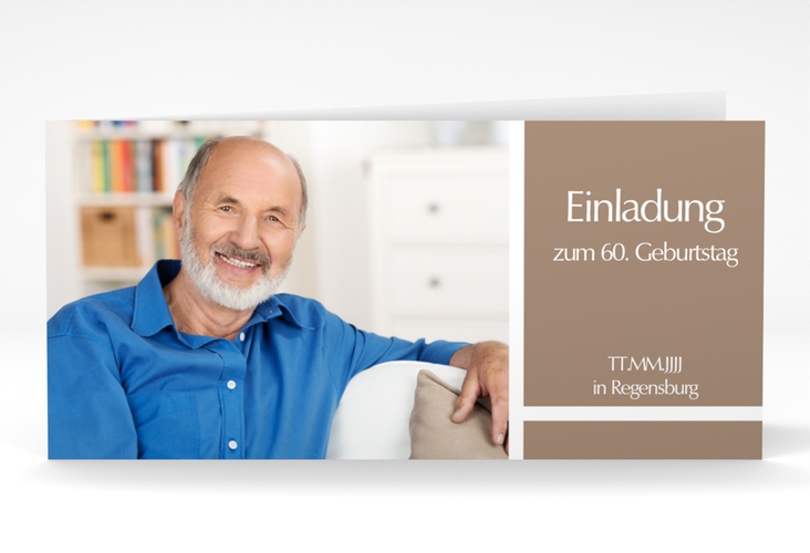 Einladung 60. Geburtstag Gerd/Gerda lange Klappkarte quer braun mit Foto