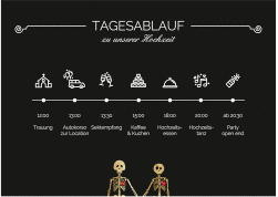Klick: Details zu Tagesablauf Poster Hochzeit "Bones" anzeigen Tagesablauf Poster Hochzeit Bones 70 x 50 cm Poster schwarz mit Skelett-Ehepaar im Cartoon-Stil