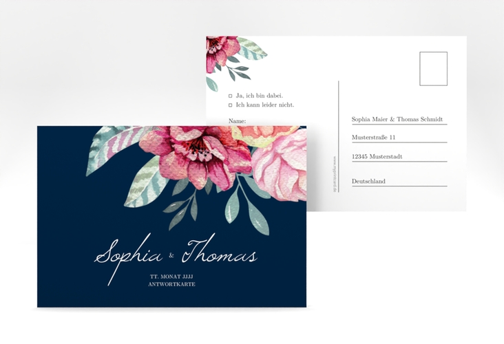 Antwortkarte Hochzeit Blooming A6 Postkarte blau