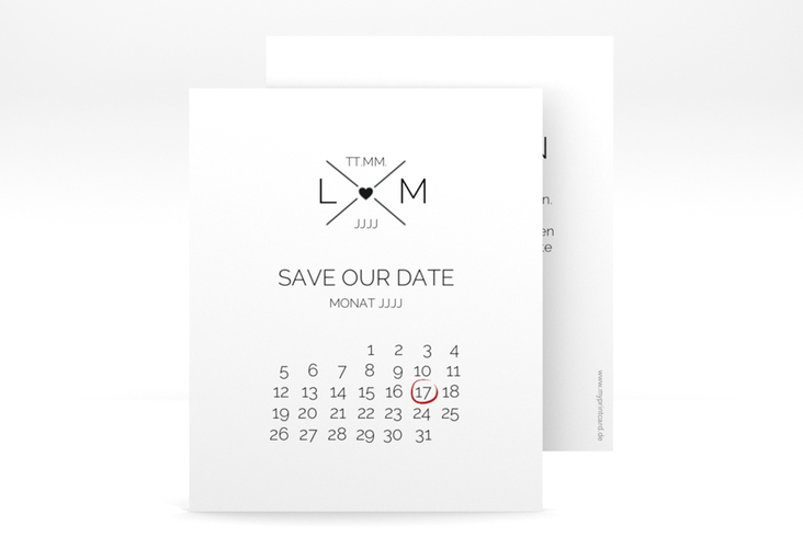 Save the Date-Kalenderblatt Initials Kalenderblatt-Karte schwarz hochglanz mit Initialen im minimalistischen Design