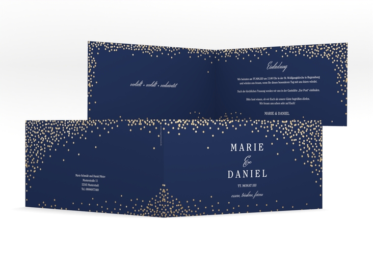 Hochzeitseinladung Glitter lange Klappkarte quer blau hochglanz