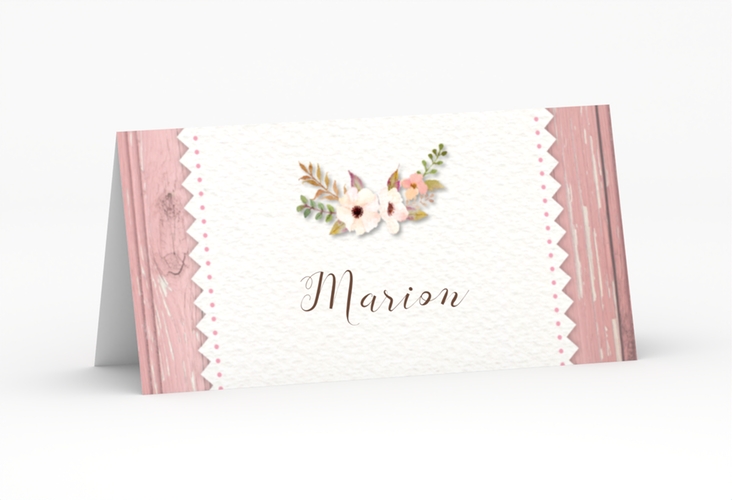 Tischkarte Hochzeit Heimatjuwel Tischkarten rosa mit Hirschgeweih und Holz-Hintergrund