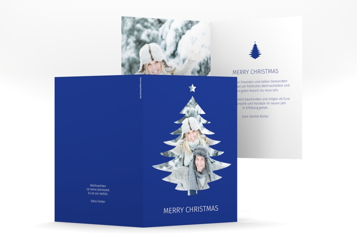 Weihnachtskarte Tanne A6 Klappkarte hoch blau hochglanz