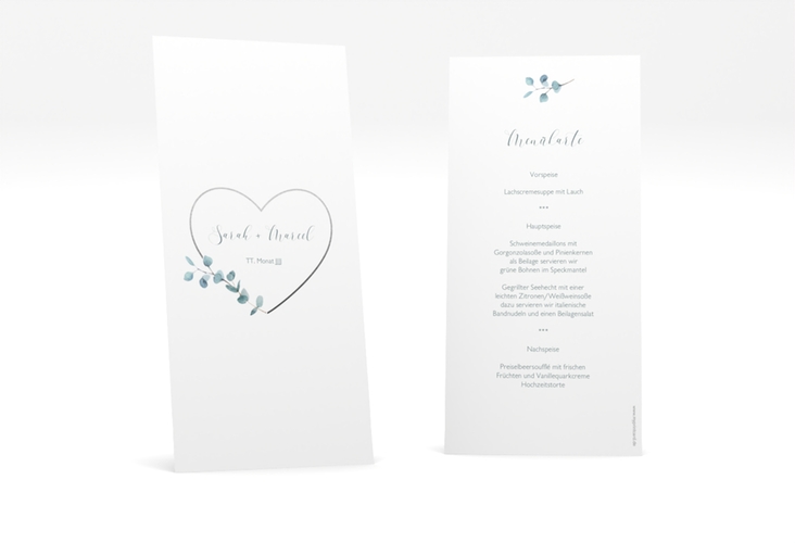 Menükarte Hochzeit Greenheart lange Karte hoch grau mit elegantem Herz und Eukalyptus-Zweig