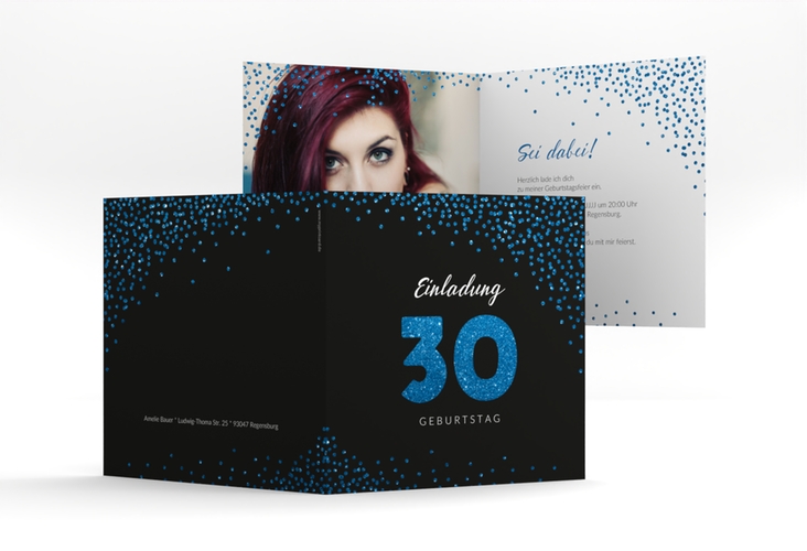 Einladung 30. Geburtstag Glitzer quadr. Klappkarte blau