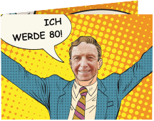 Einladung 80. Geburtstag Popart Man A6 Klappkarte quer gelb
