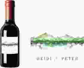 Piccoloetikett Hochzeit Bergliebe Etikett Piccolo gruen mit Gebirgspanorama für Berghochzeit