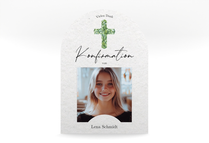 Danksagung Konfirmation Greenery Cross mittlere Bogen-Karte + Foto gruen