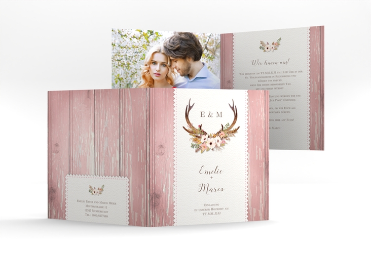 Hochzeitseinladung Heimatjuwel quadr. Klappkarte mit Hirschgeweih und Holz-Hintergrund