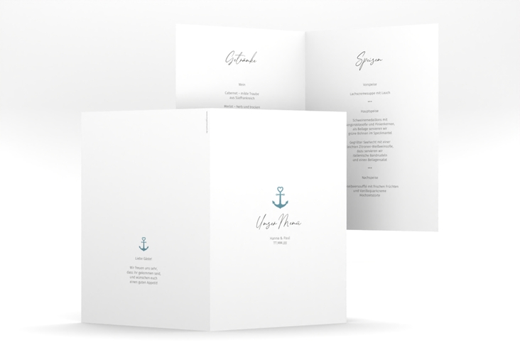 Menükarte Hochzeit Ankerliebe A5 Klappkarte hoch weiss hochglanz im minimalistischen maritimen Design mit Anker