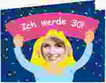Einladung 30. Geburtstag Comic Woman A6 Klappkarte quer blau