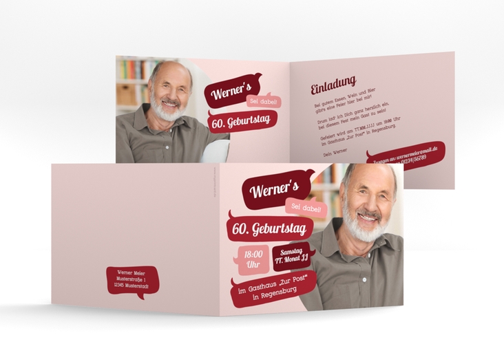 Einladung 60. Geburtstag Whatsup A6 Klappkarte quer rot