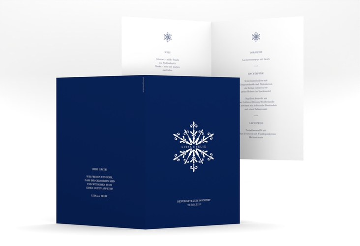 Menükarte Hochzeit Crystal A5 Klappkarte hoch blau hochglanz mit Eiskristall