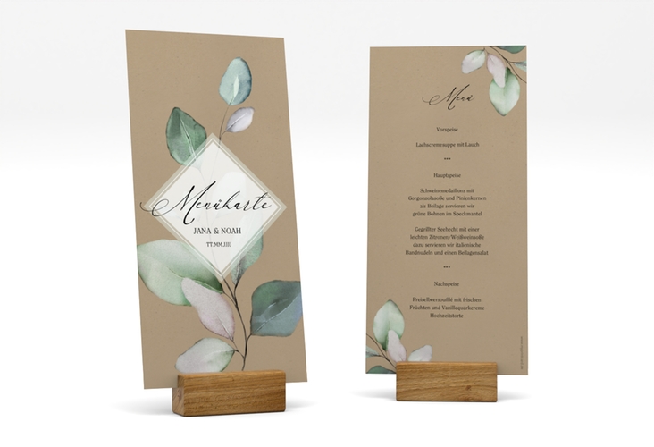 Menükarte Hochzeit Foglia lange Karte hoch Kraftpapier hochglanz edel mit Eukalyptus im Aquarell-Design