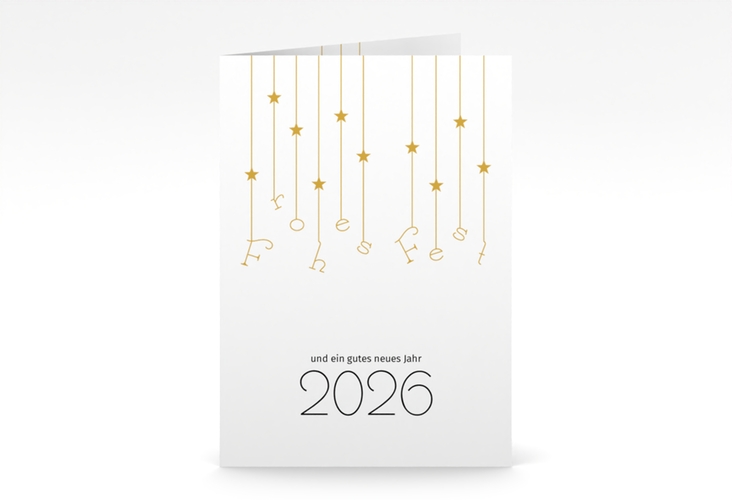 Geschäftliche Weihnachtskarte Windspiel A6 Klappkarte hoch weiss hochglanz schlicht mit Sternchen-Girlande und Jahreszahl